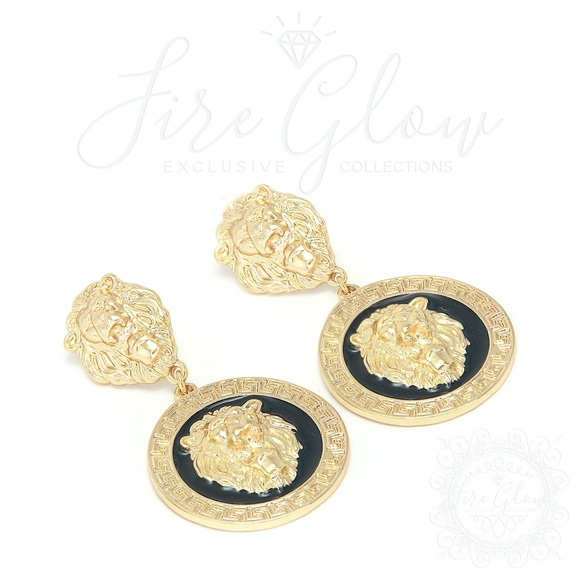 Black and Gold Tone Framed Lion Earrings - Picture 7 of 9